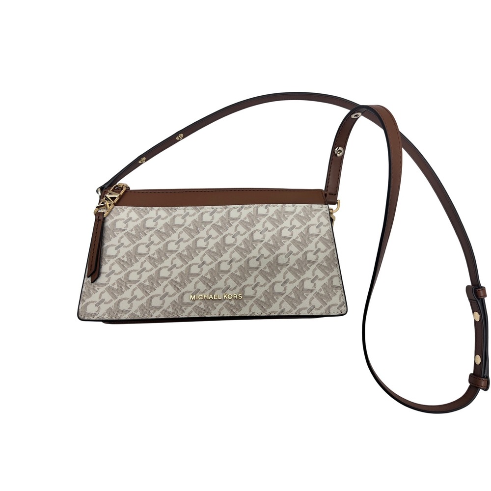 Michael Kors Crossbody Bag Women Small Brown Excellent Logo Print Gold Hardware